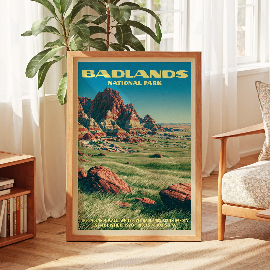 Badlands vintage poster in oak, leaning by a sunlit window with sheer curtains and a low bookshelf
