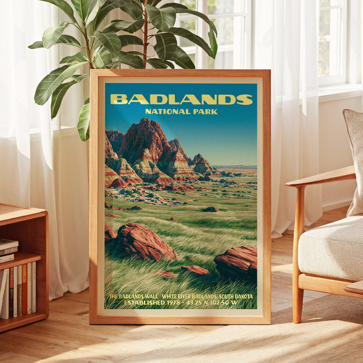 Badlands vintage poster in oak, leaning by a sunlit window with sheer curtains and a low bookshelf
