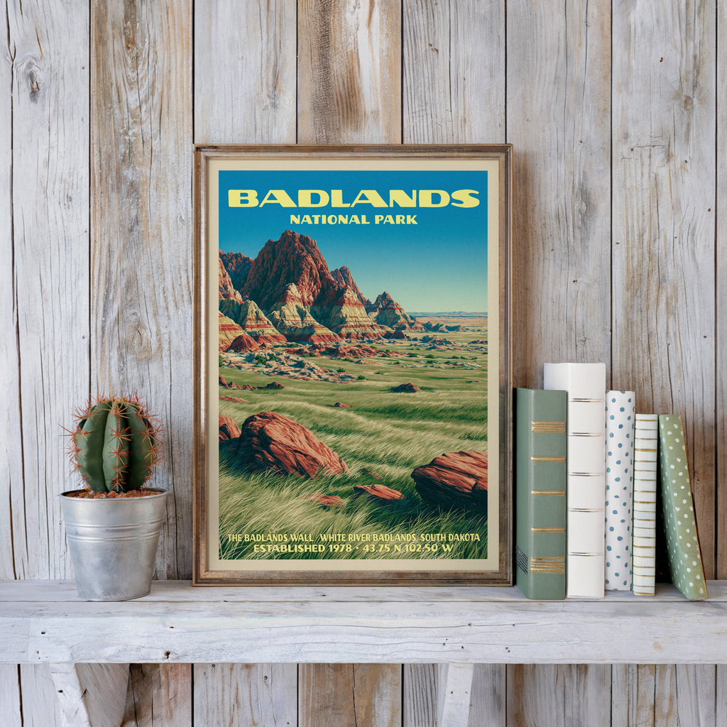 Badlands vintage poster in a slim gold frame on a whitewashed plank wall beside a cactus and pastel books
