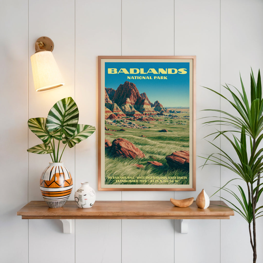 Badlands Wall print framed on white panelling above an oak shelf with a patterned vase and a sconce