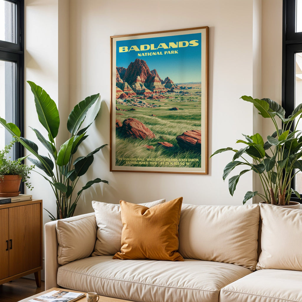 Badlands vintage travel print in oak above a cream sofa with a rust cushion and tall houseplants