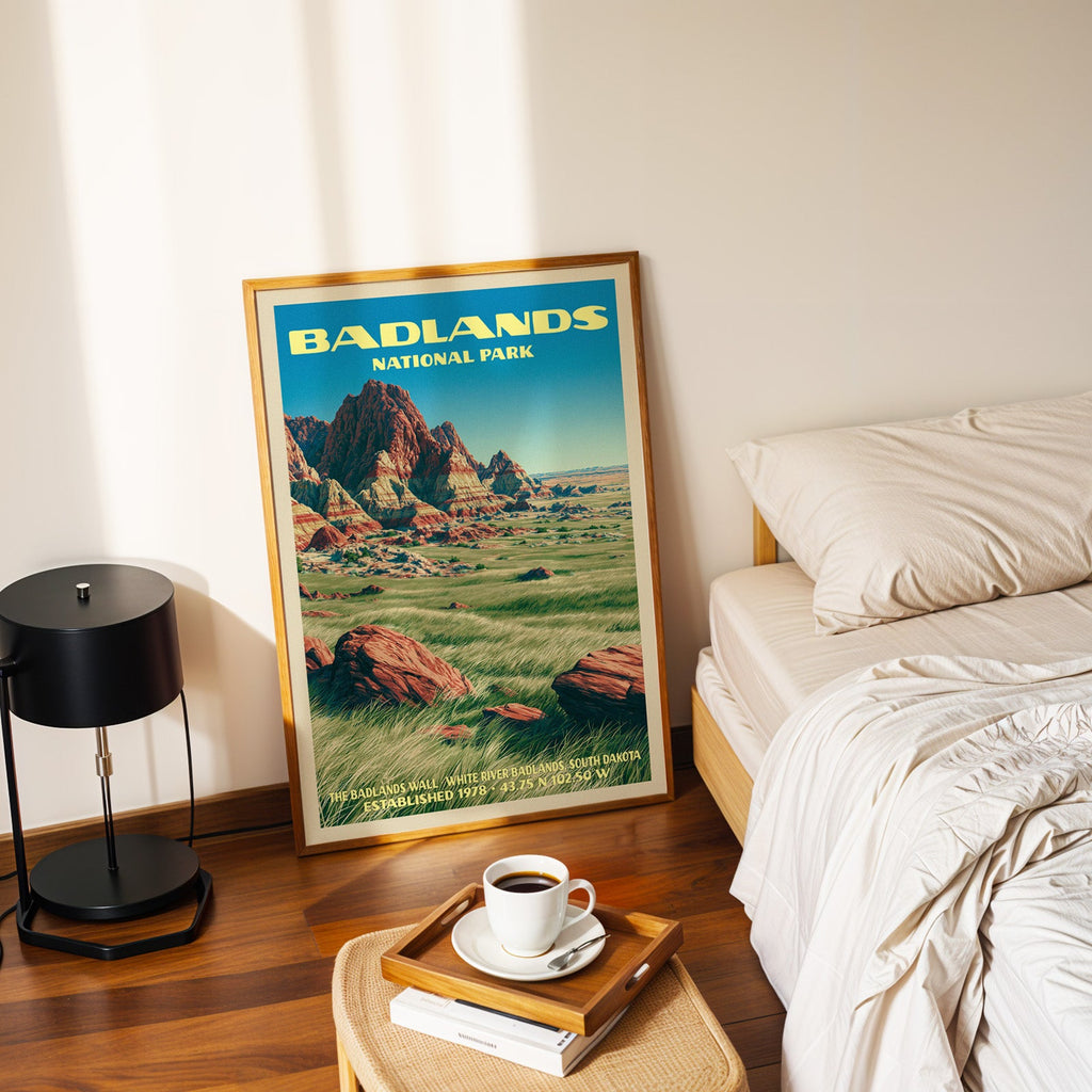 Badlands Wall poster in a gold frame on the floor beside a made bed and a black table lamp