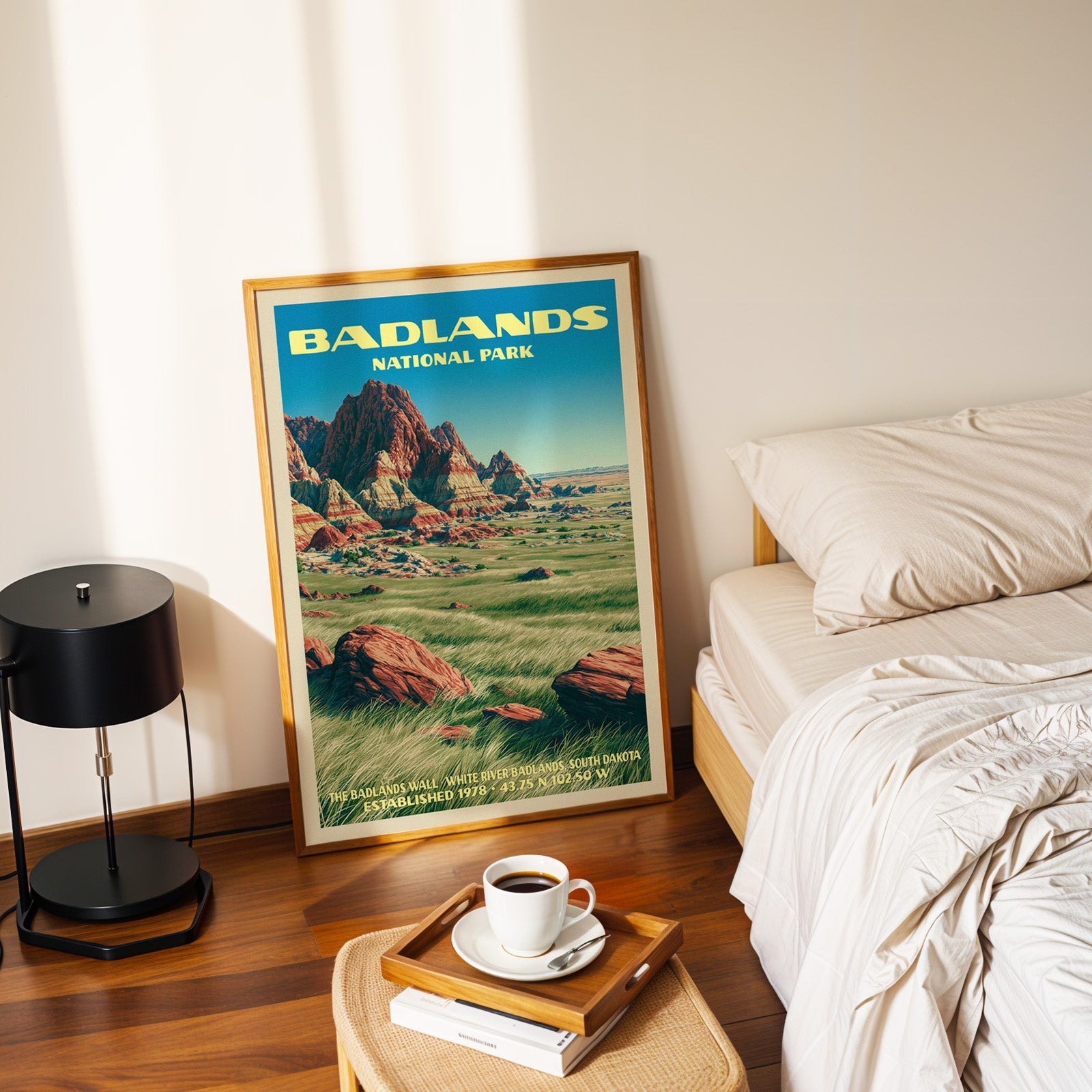 Badlands Wall poster in a gold frame on the floor beside a made bed and a black table lamp