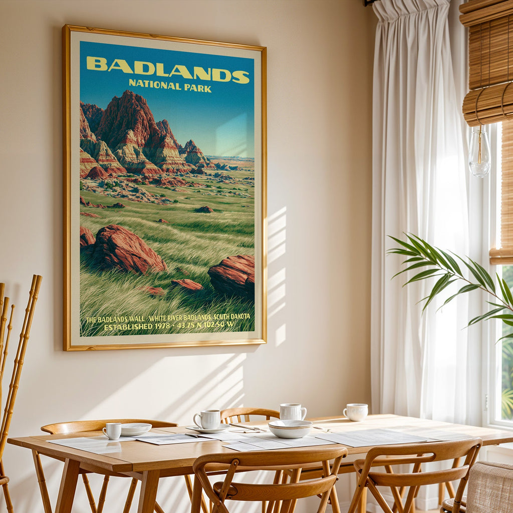 Badlands National Park print in gold above a light oak dining table by a curtained window