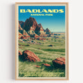 Badlands Wall Badlands National Park vintage poster in a light oak frame on a plain white wall
