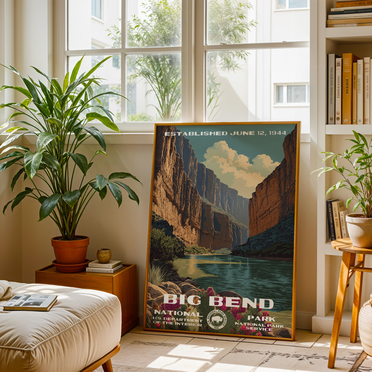 Big Bend National Park travel print leaning on a bench by a sunny window and bookshelves