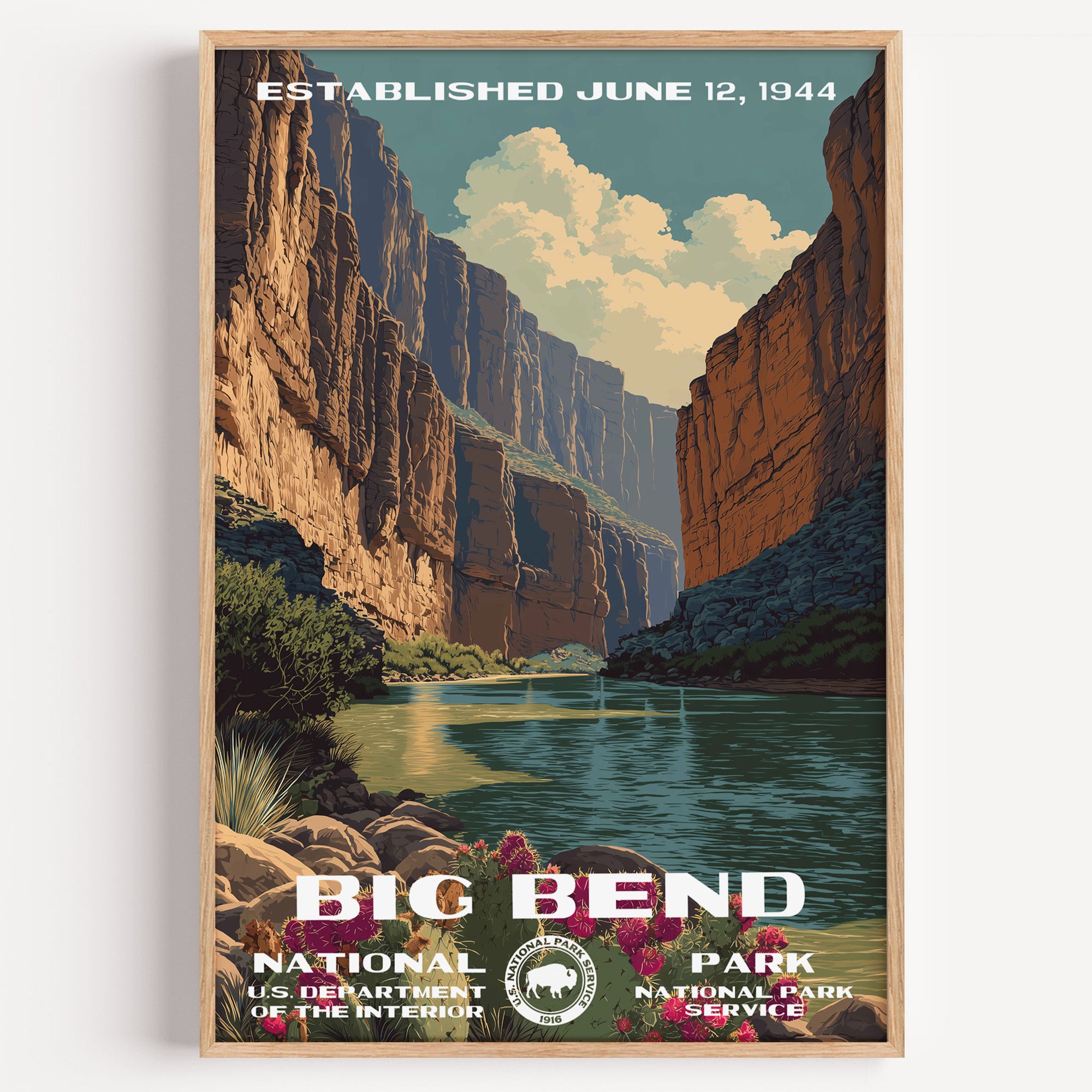 Big Bend National Park vintage travel poster in a wood frame, the Rio Grande winding between the towering walls of Santa