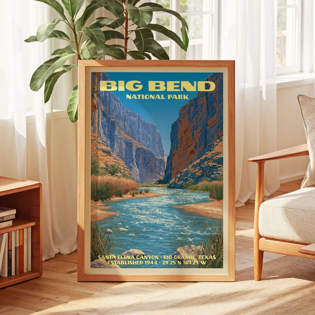 Big Bend vintage poster in oak, leaning by a sunlit window with sheer curtains and a low bookshelf