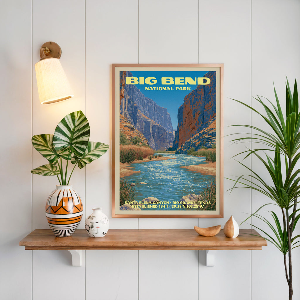 Santa Elena Canyon Big Bend print framed on white panelling above an oak shelf with a vase and a sconce