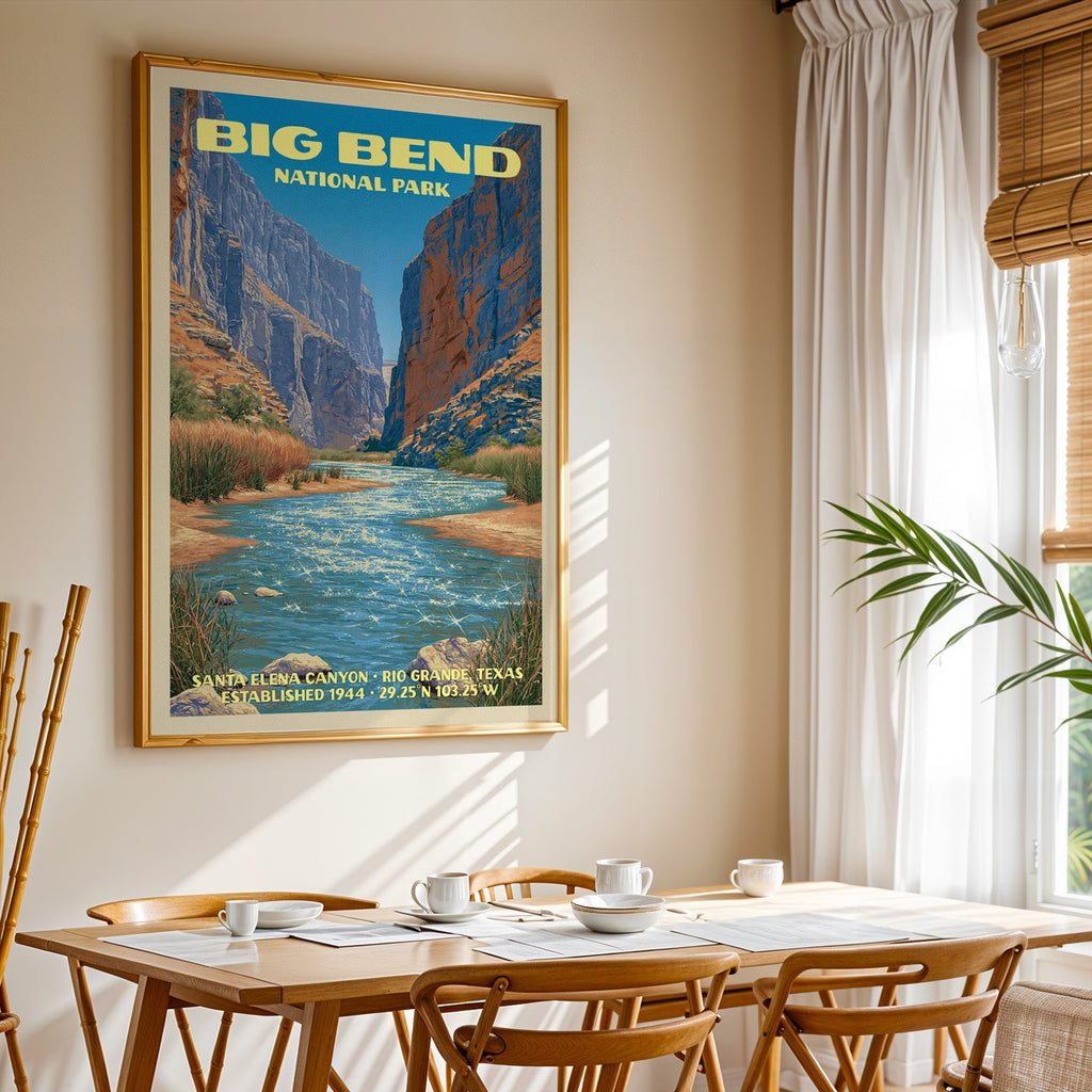 Big Bend National Park print in gold above a light oak dining table by a curtained window
