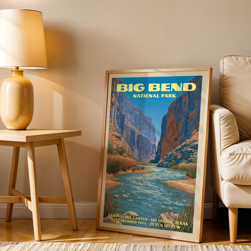 Santa Elena Canyon Big Bend wall art in oak, leaning by an armchair and a side table with an ochre lamp