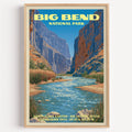 Santa Elena Canyon Big Bend National Park vintage poster in a light oak frame on a plain white wall