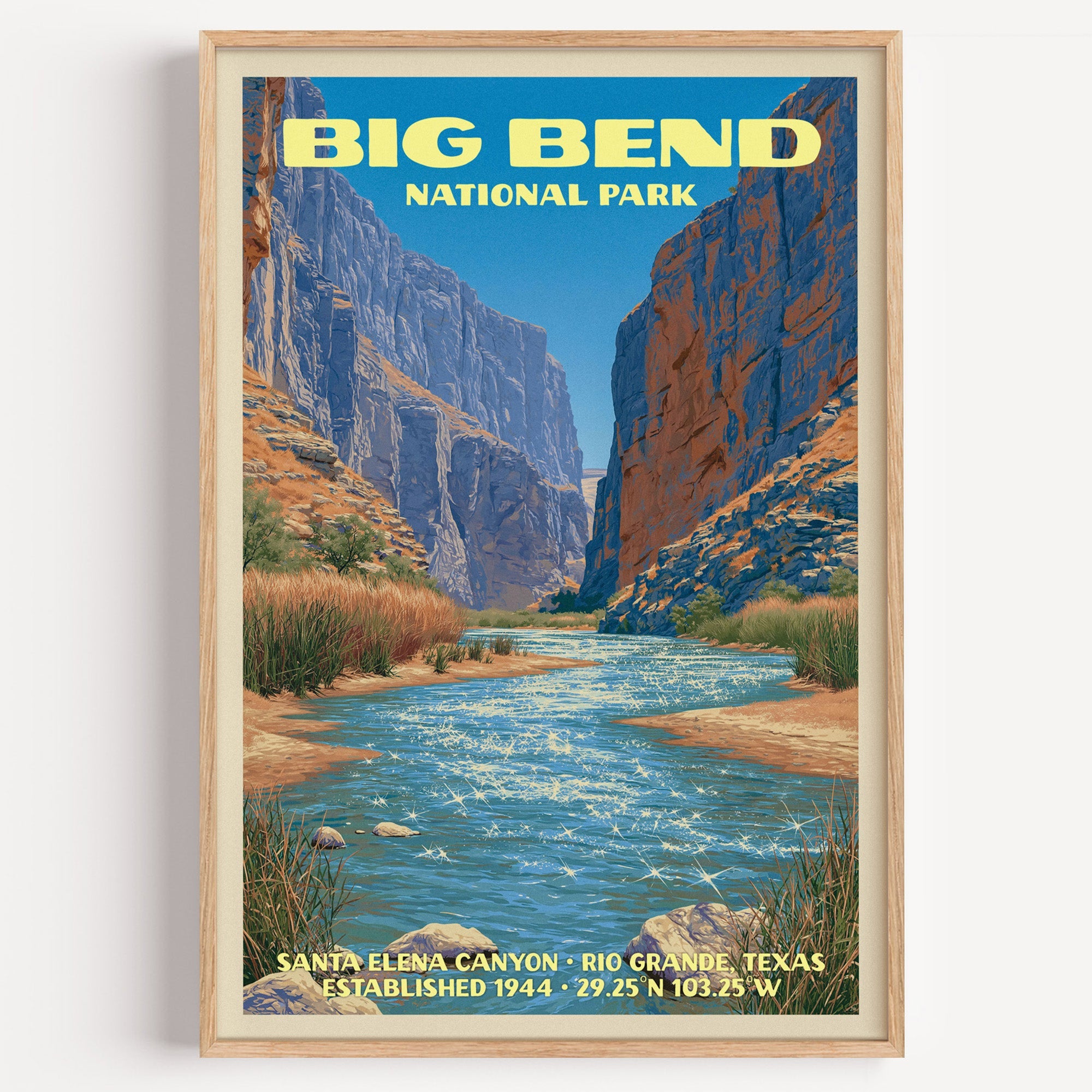 Santa Elena Canyon Big Bend National Park vintage poster in a light oak frame on a plain white wall