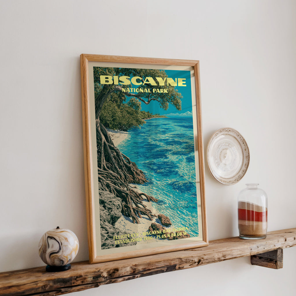 Biscayne Elliott Key print in oak, leaning on a reclaimed wood ledge with a stone sphere and a sand jar