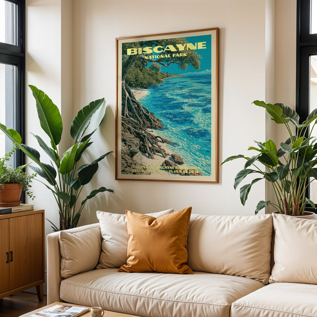 Biscayne vintage travel print in oak above a cream sofa with a rust cushion and tall houseplants