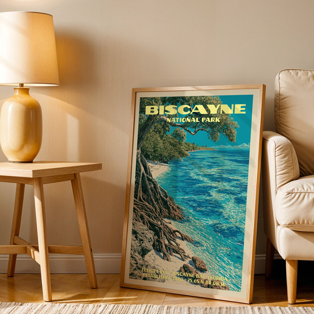 Elliott Key Biscayne wall art in oak, leaning by an armchair and a side table with an ochre lamp