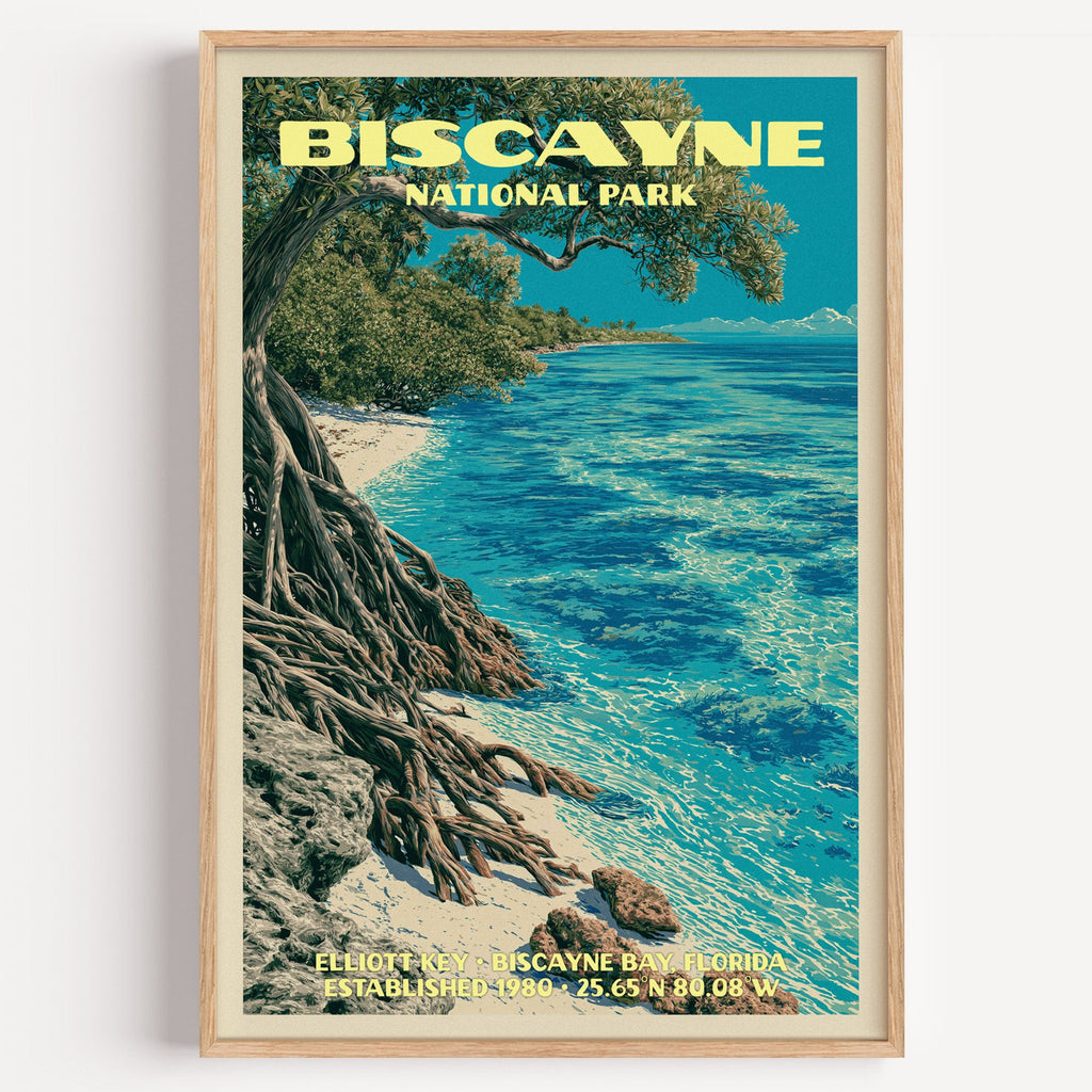 Elliott Key Biscayne National Park vintage poster in a light oak frame on a plain white wall