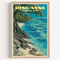 Elliott Key Biscayne National Park vintage poster in a light oak frame on a plain white wall