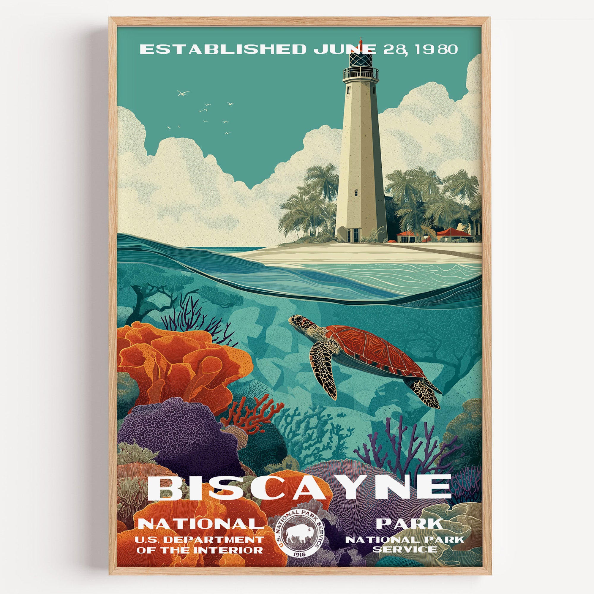 Biscayne National Park vintage travel poster in a wood frame, a split view of Boca Chita lighthouse above a coral reef