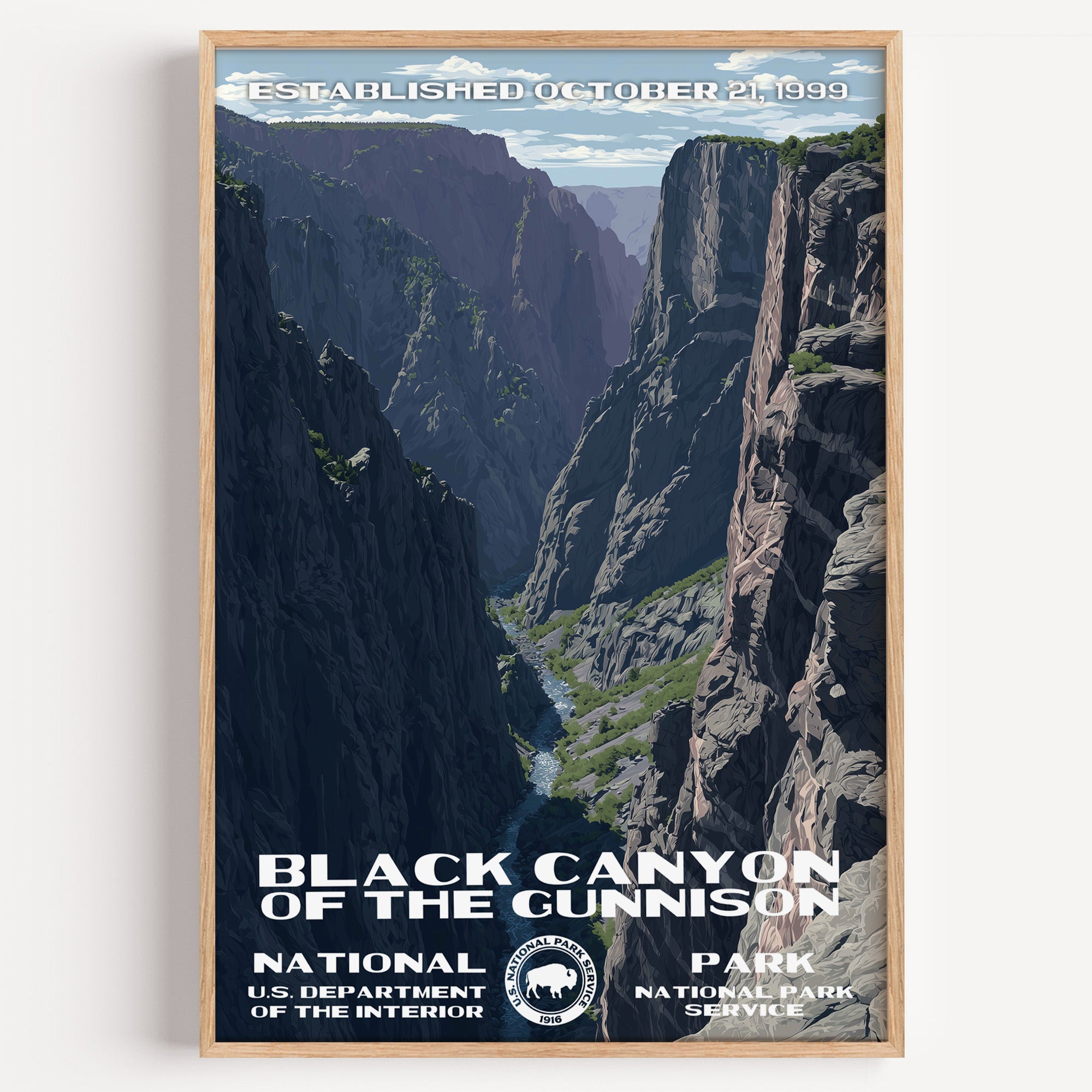 Black Canyon of the Gunnison National Park vintage travel poster in a wood frame, sheer dark canyon walls dropping