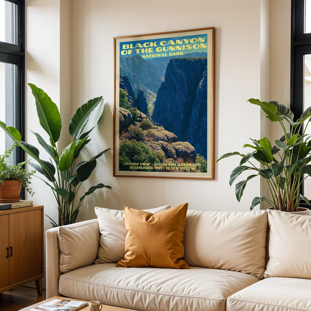 Black Canyon of the Gunnison print in oak above a cream sofa with a rust cushion and tall houseplants