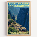 Chasm View Black Canyon of the Gunnison vintage poster in a light oak frame on a plain white wall