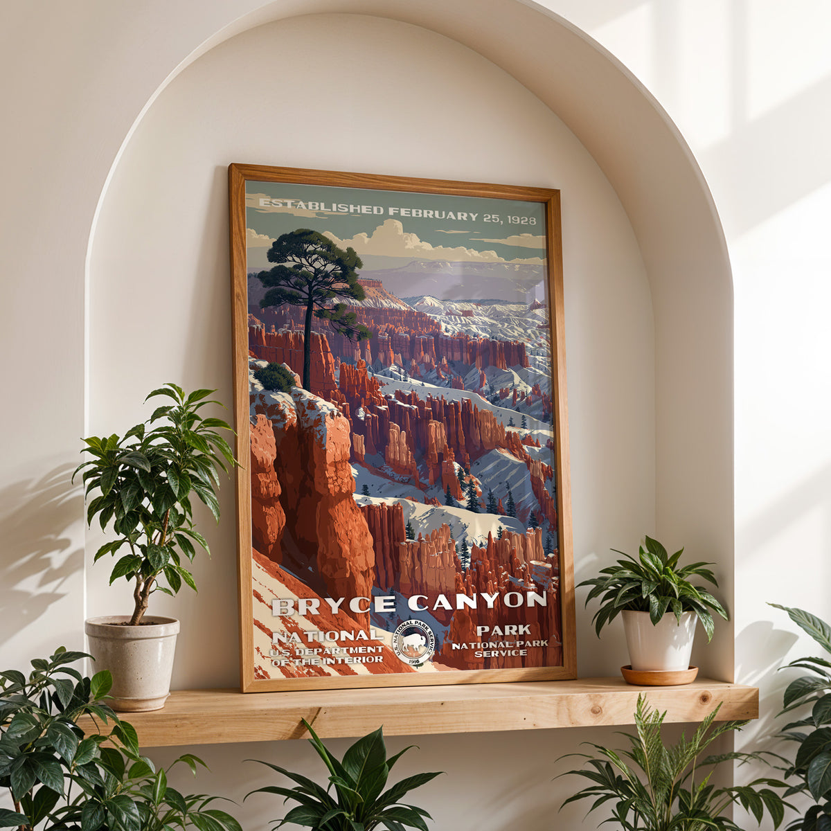 Bryce Canyon National Park retro travel print framed on a wooden shelf in a sunlit arched alcove