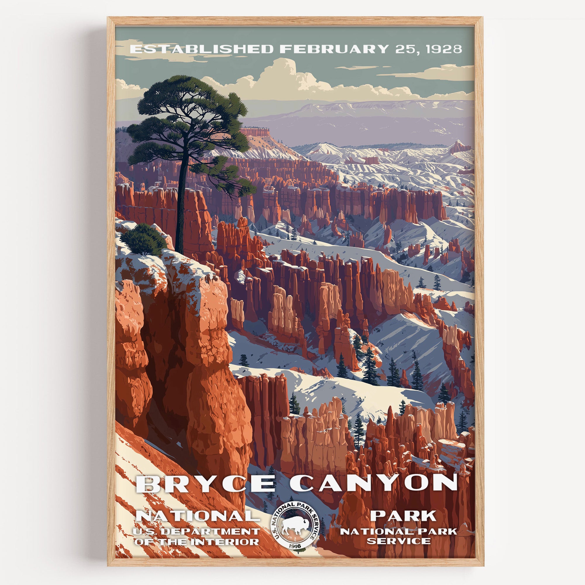 Bryce Canyon National Park vintage travel poster in a wood frame, a lone pine on the rim above a snow-dusted amphitheatre