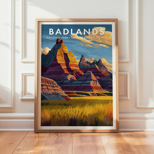 Badlands National Park mid-century modern art print in a light oak frame leaning against a panelled white wall on a warm wood floor