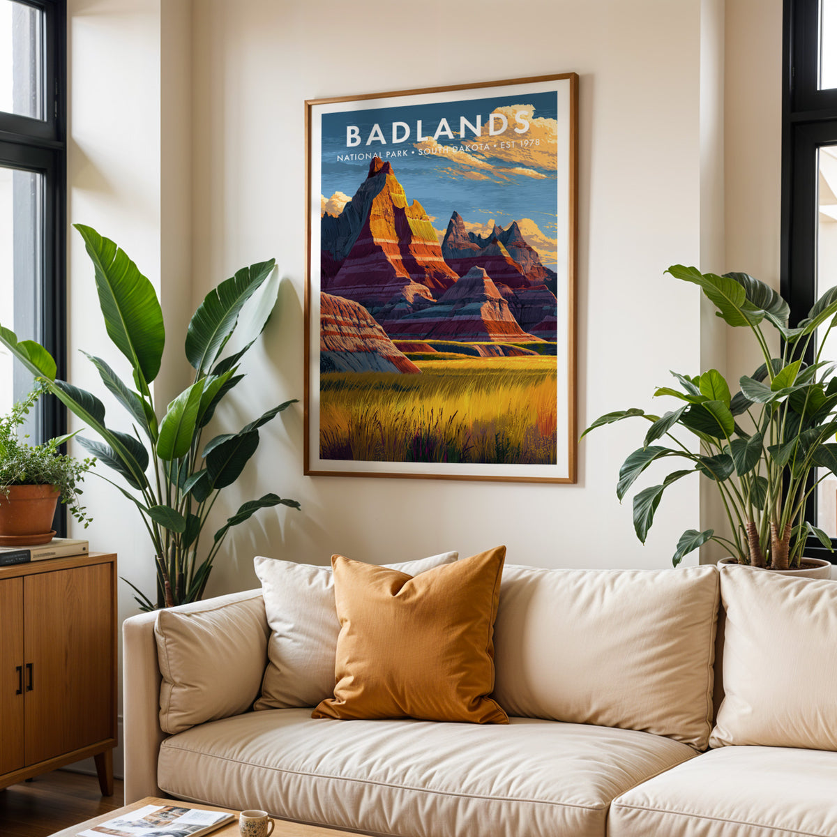Badlands National Park mid-century modern art print framed in oak above a cream linen sofa surrounded by tropical houseplants — living room wall art