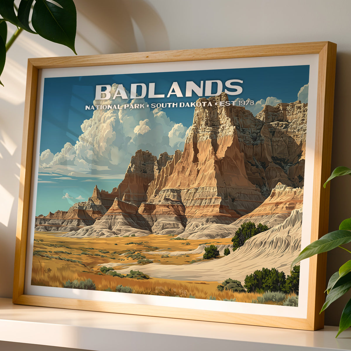 Badlands National Park wall art print in a light oak frame, leaning on a white shelf in warm sunlight beside a monstera plant