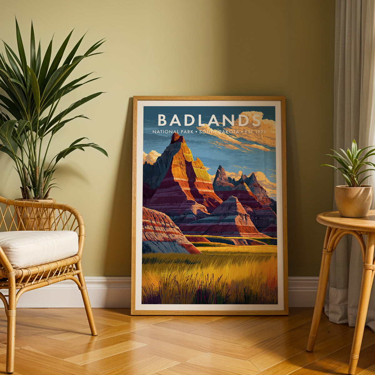 Badlands National Park mid-century modern art print framed in oak and leaning against an olive-green wall beside a rattan chair and potted palm — reading nook wall art