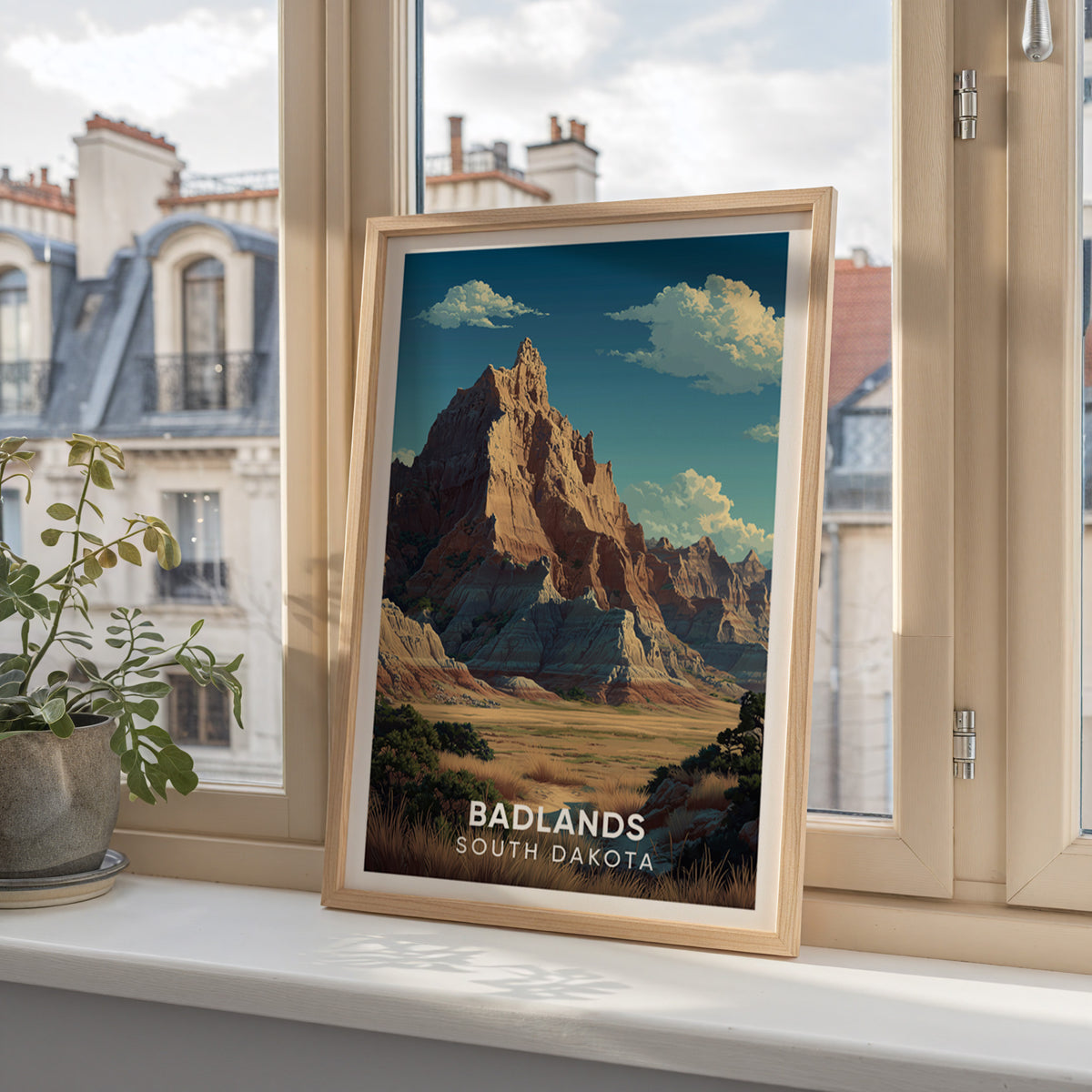 Badlands South Dakota canvas print on a window ledge looking out to Paris mansard rooftops