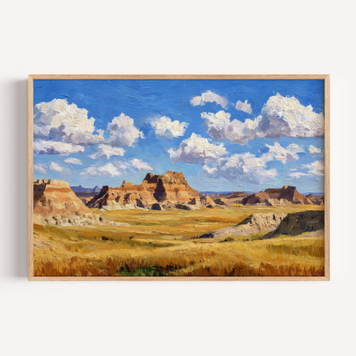 Badlands National Park oil painting print in a light oak frame: layered buttes above golden prairie grass