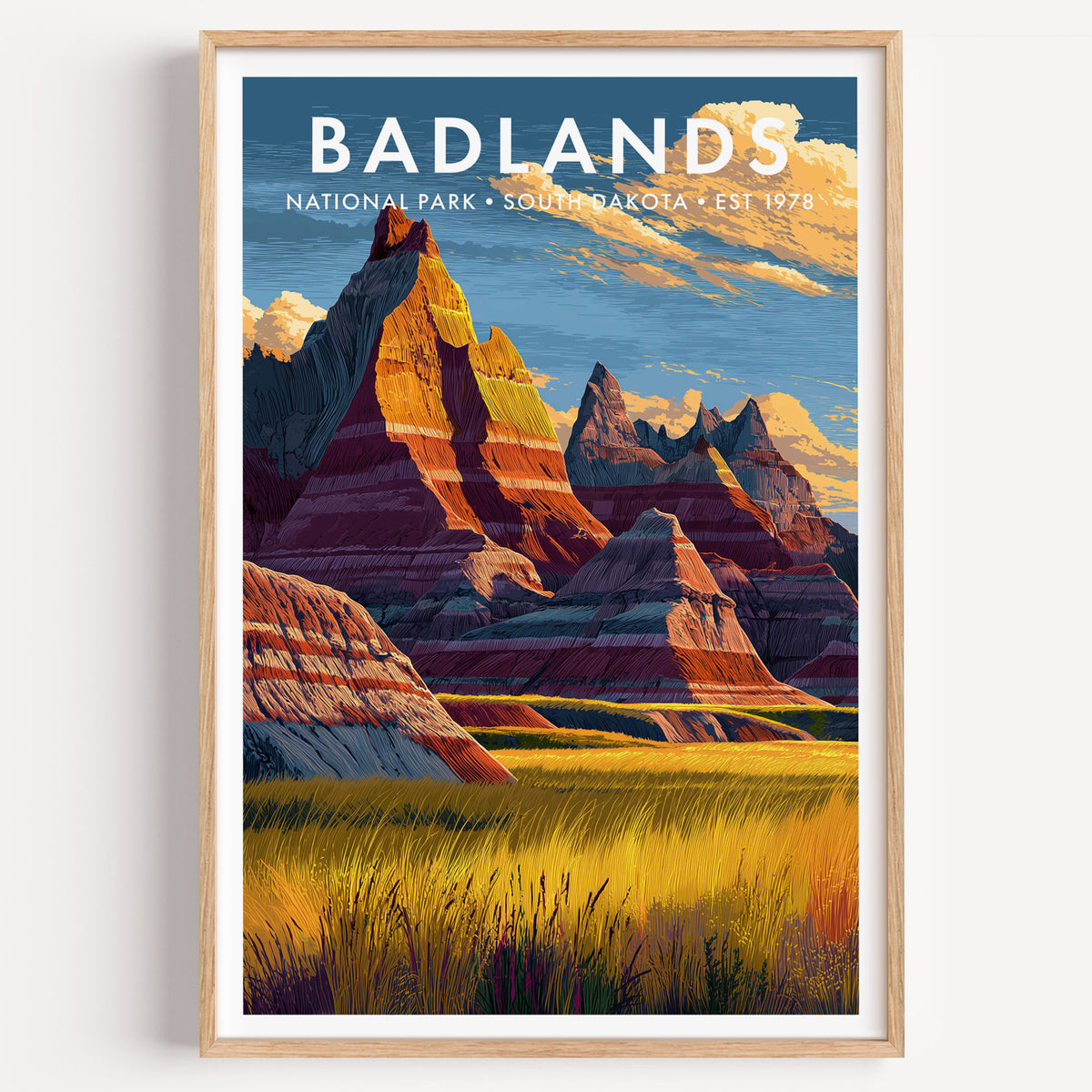 Badlands National Park mid-century modern art print — banded spires and buttes rising straight out of a sea of golden prairie grass