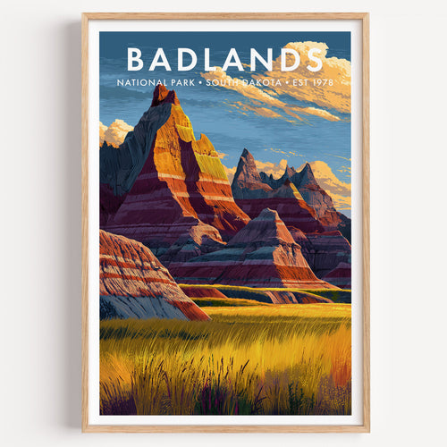 Badlands National Park mid-century modern art print — banded spires and buttes rising straight out of a sea of golden prairie grass