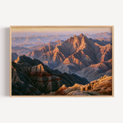 Badlands National Park classical oil painting print in a light oak frame: pink and gold spires at dawn