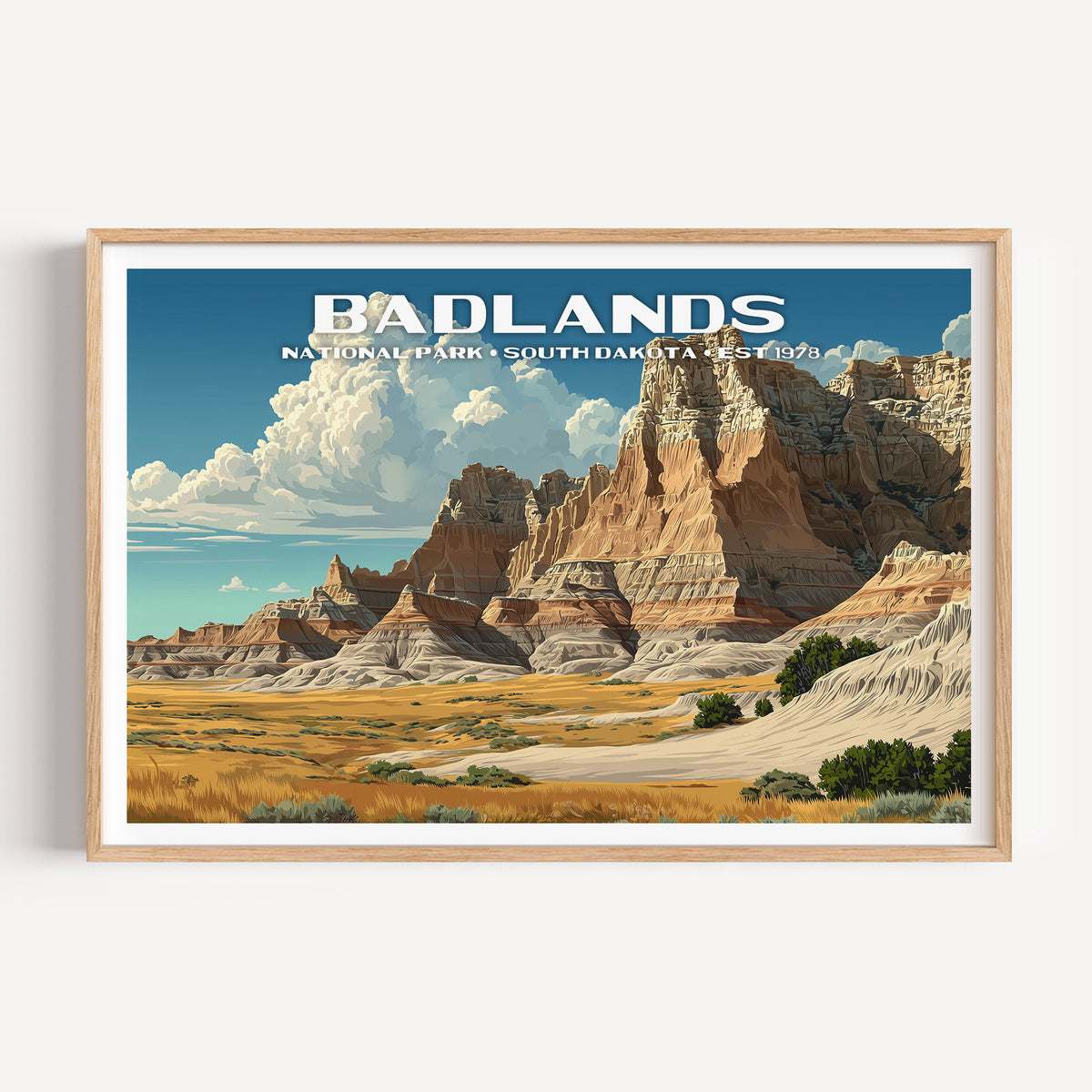 Banded Badlands buttes and spires rising from golden prairie under towering clouds — Badlands National Park vintage WPA travel poster print