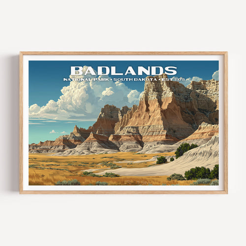 Banded Badlands buttes and spires rising from golden prairie under towering clouds — Badlands National Park vintage WPA travel poster print