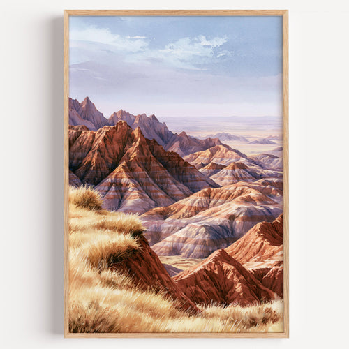 Badlands National Park watercolor art print: banded rose and ochre buttes above golden prairie grass