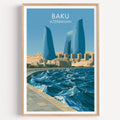 Baku Azerbaijan travel poster in a natural wood frame, shown against a clean white wall