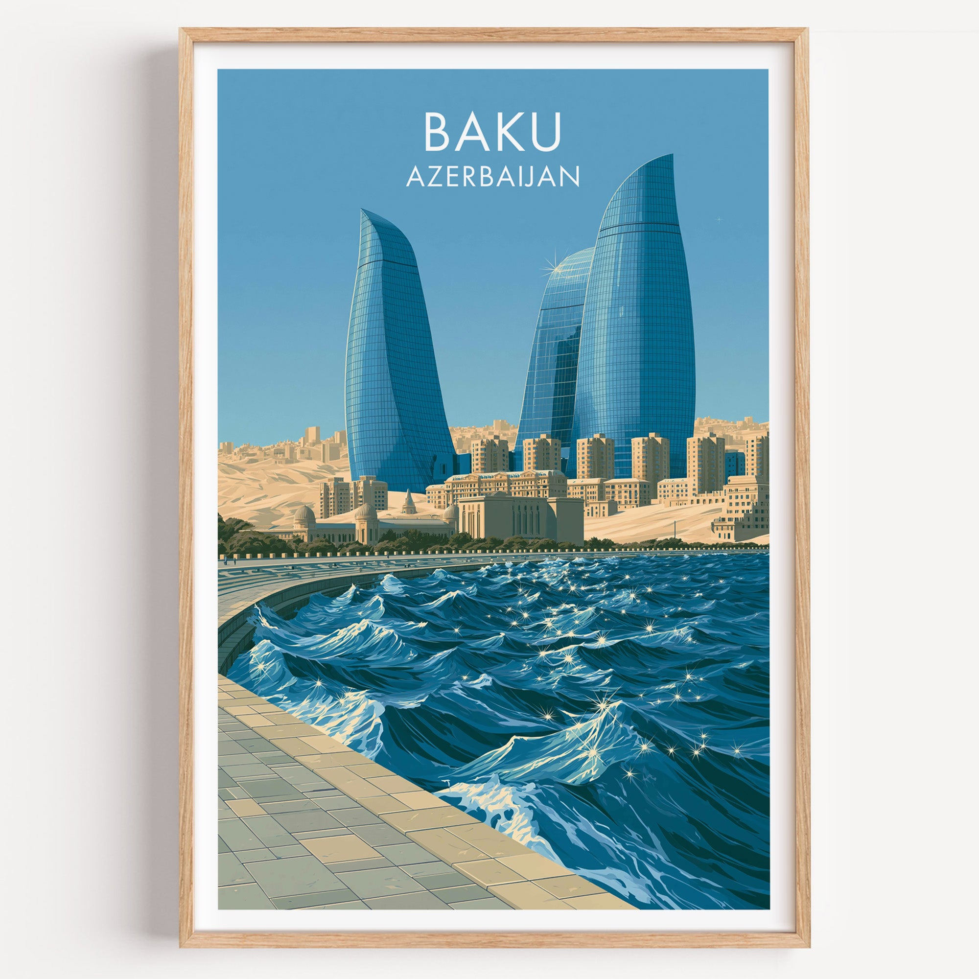 Baku Azerbaijan travel poster in a natural wood frame, shown against a clean white wall