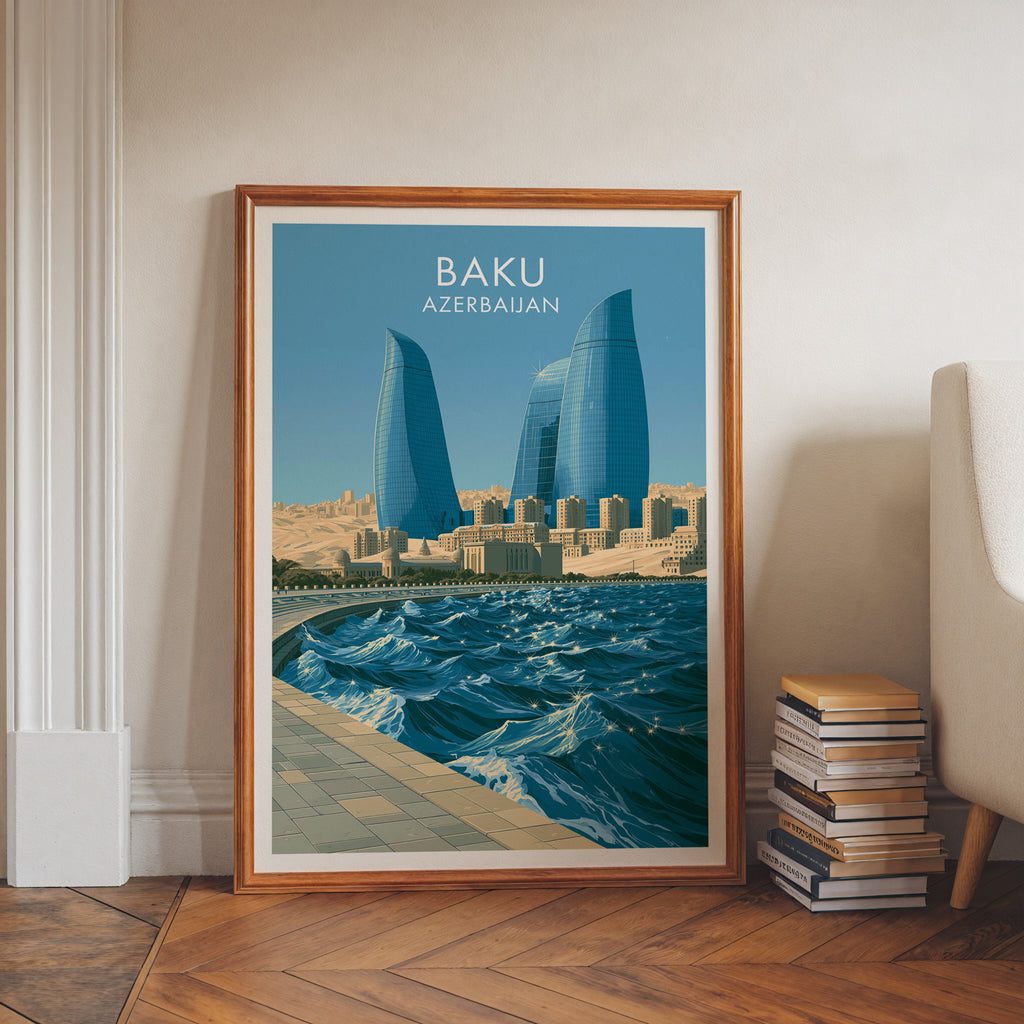 Baku Azerbaijan art print in a walnut frame leaning in a hallway beside stacked books