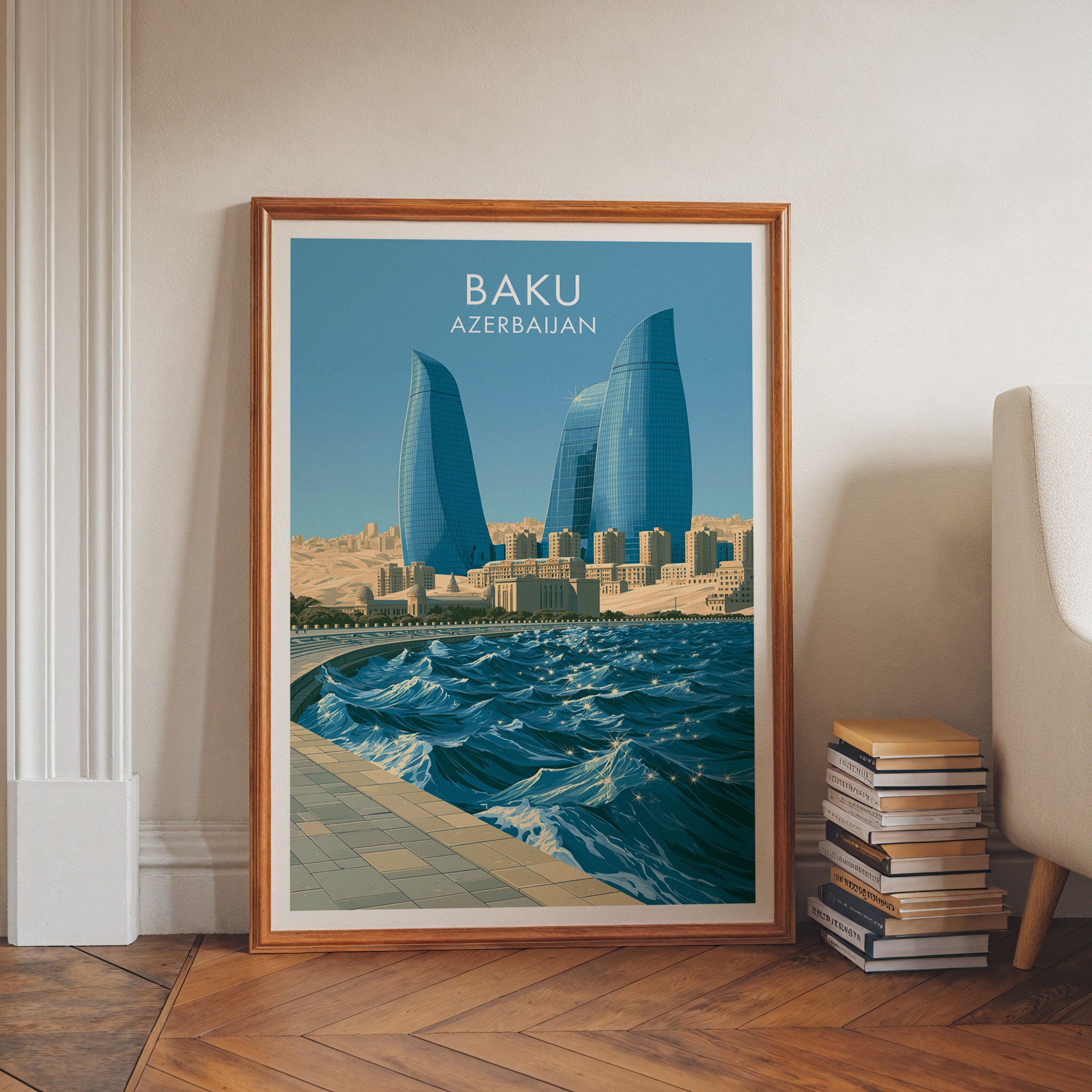 Baku Azerbaijan art print in a walnut frame leaning in a hallway beside stacked books