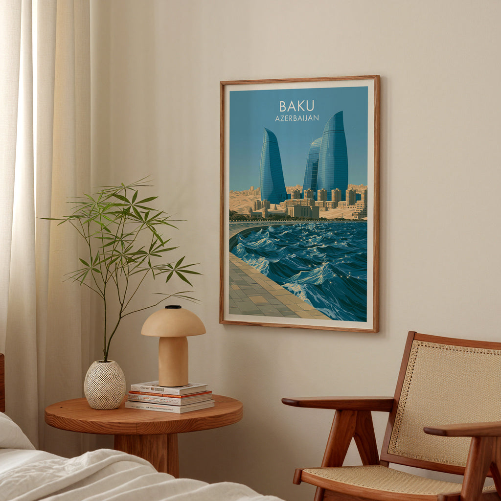 Baku Azerbaijan poster above a bedroom nightstand with a bamboo plant and mushroom lamp