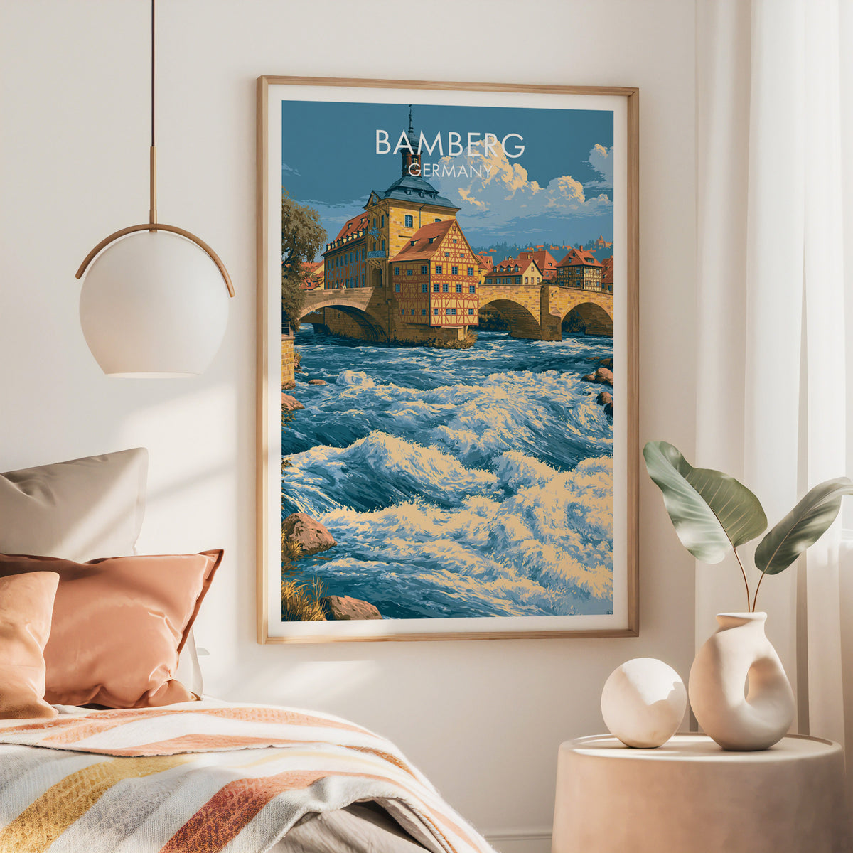 Bamberg Germany wall art, large oak frame above a bed with rust bedding and a brass globe pendant