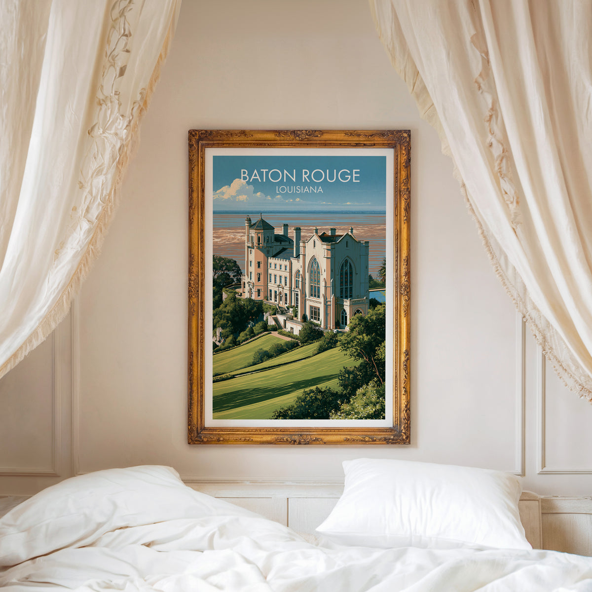 Baton Rouge canvas print in a carved gold frame above a white bed with a linen canopy