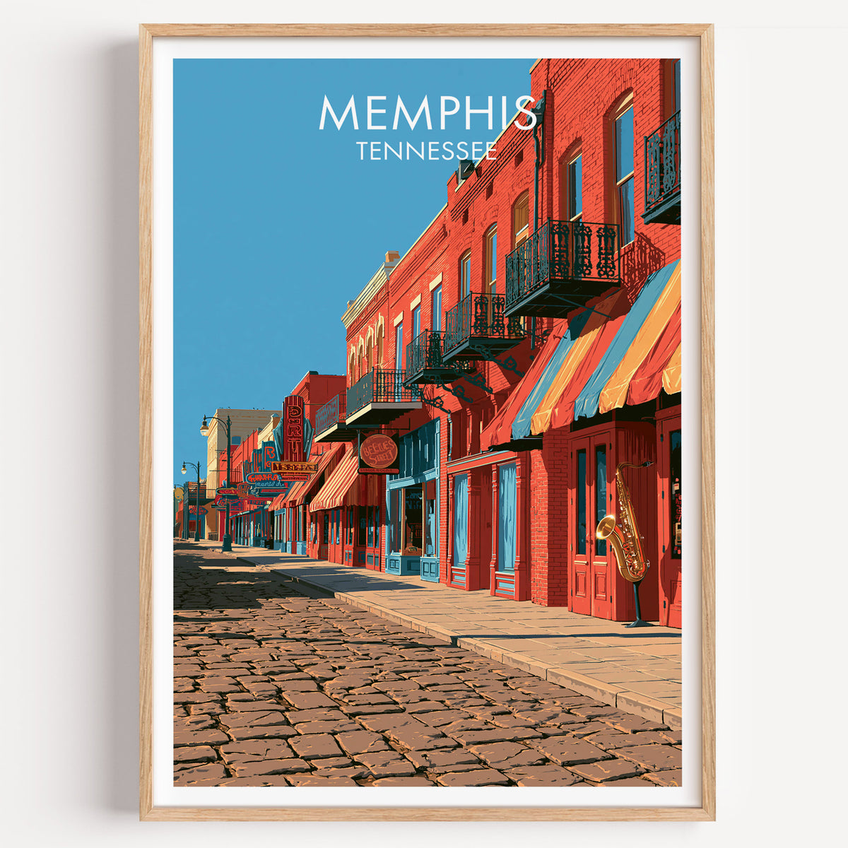 Beale Street Memphis travel poster in an oak frame on a plain white wall, shot square on with a soft shadow
