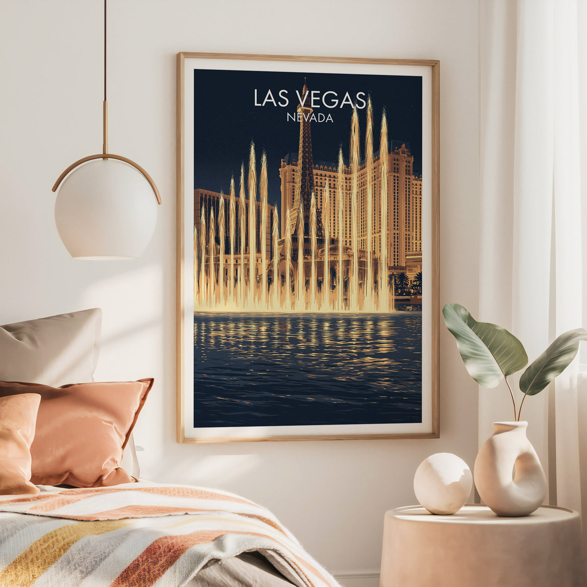 Bellagio Fountains canvas art in a large oak frame above a rust iron bed under a brass pendant lamp