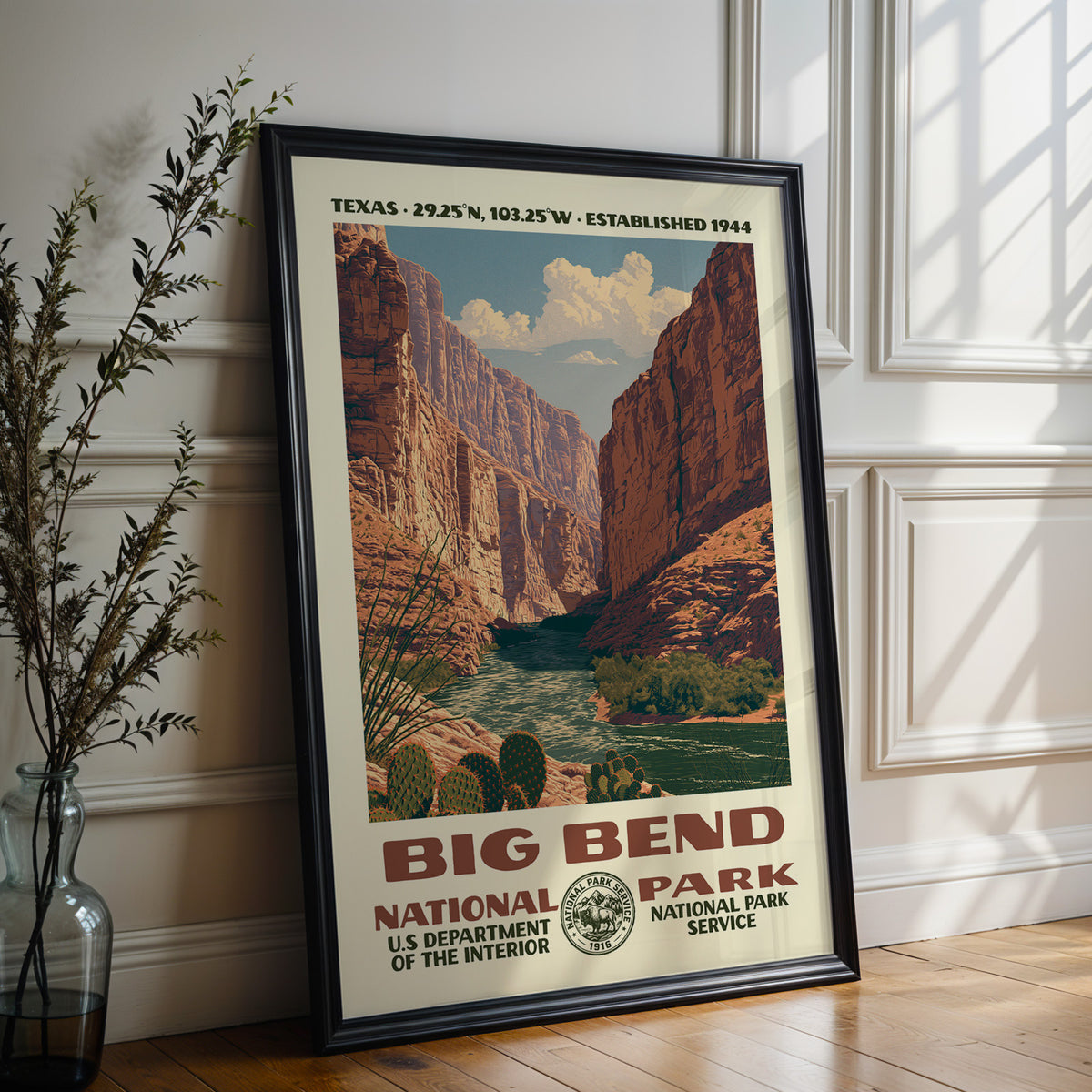 Large Big Bend National Park WPA poster in a black frame leaning on a white panelled wall